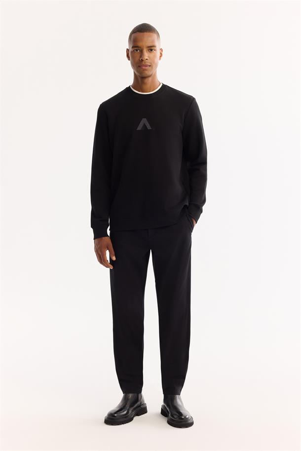 Siyah Bisiklet Yaka Kolay Ütülenen Bi-Stretch Baskılı Sweatshirt