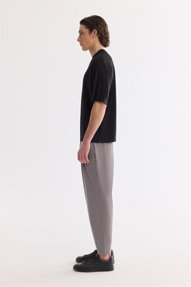 Siyah Bisiklet Yaka Oversize Rayon T-Shirt