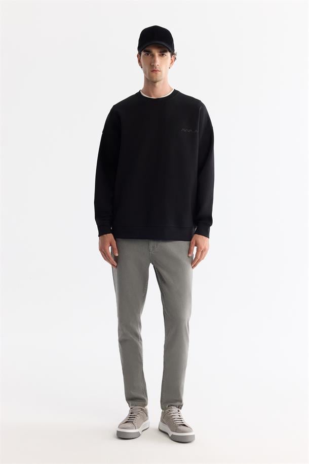 Siyah Bisiklet Yaka Elastan Sweatshirt