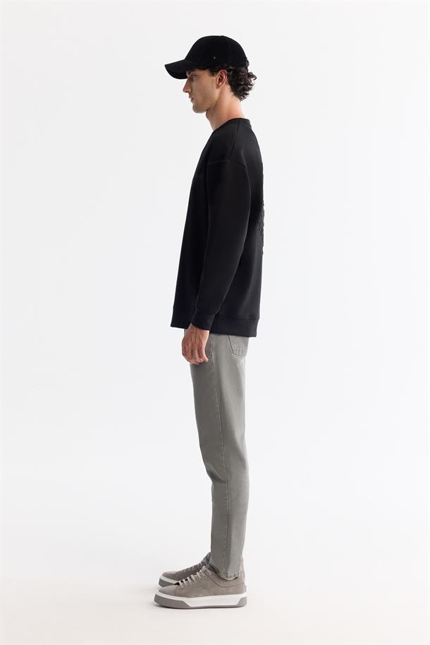 Siyah Bisiklet Yaka Elastan Sweatshirt