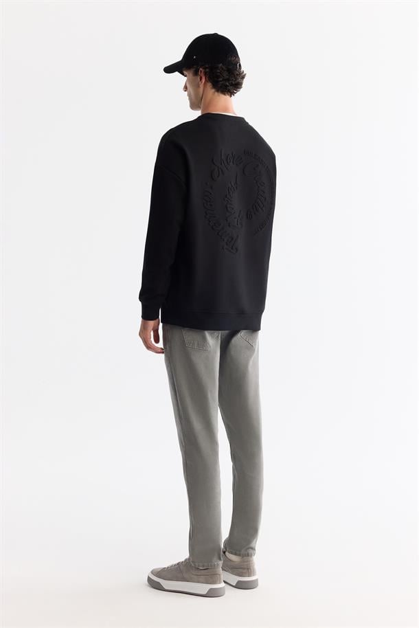 Siyah Bisiklet Yaka Elastan Sweatshirt