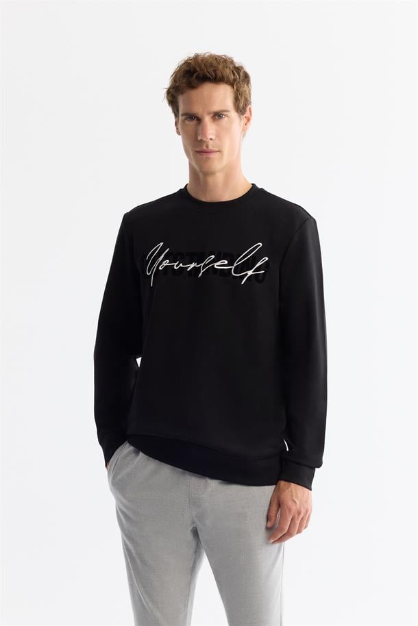 Siyah Bisiklet Yaka Pamuklu Baskılı Elastan Sweatshirt