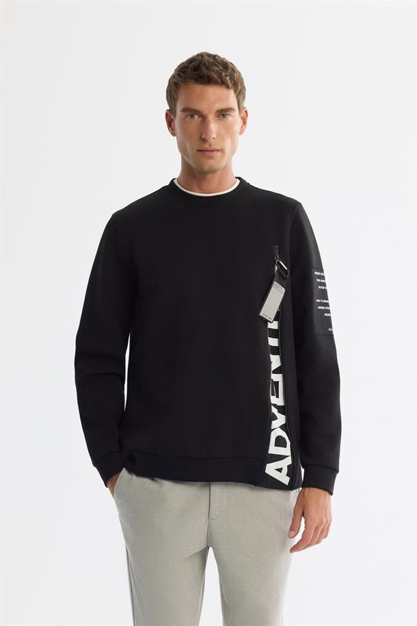 Siyah Bisiklet Yaka Pamuklu Baskılı Elastan Sweatshirt