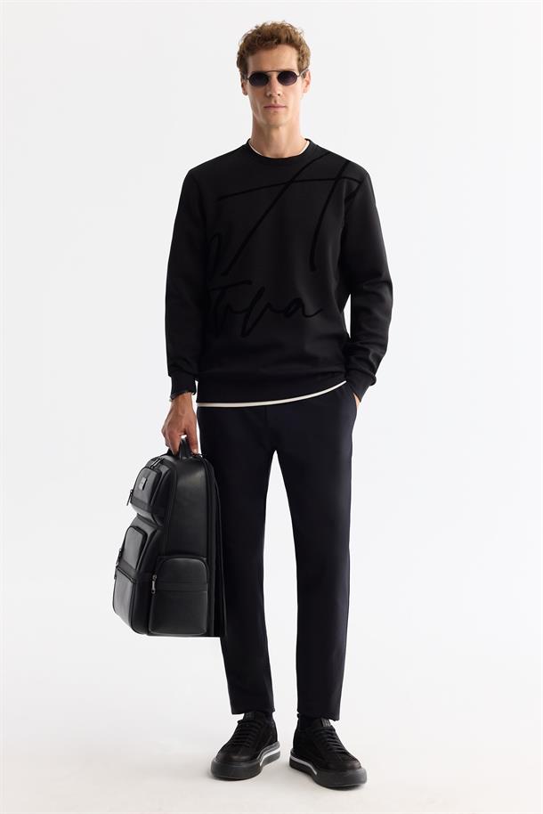 Siyah Bisiklet Yaka Pamuklu Baskılı Elastan Sweatshirt