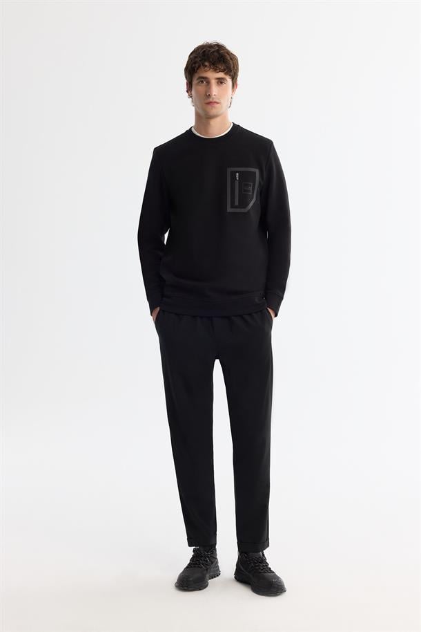 Siyah Bisiklet Yaka Pamuklu Baskılı Elastan Sweatshirt