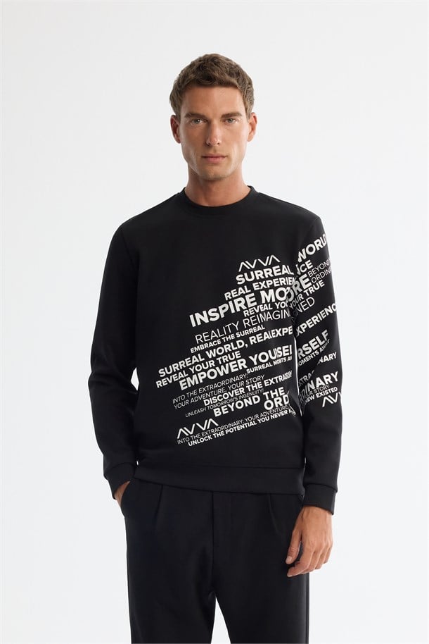 Siyah Bisiklet Yaka Pamuklu Baskılı Sweatshirt