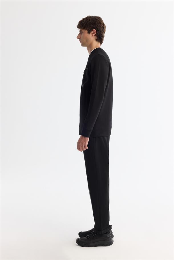 Siyah Bisiklet Yaka Pamuklu Baskılı Elastan Sweatshirt