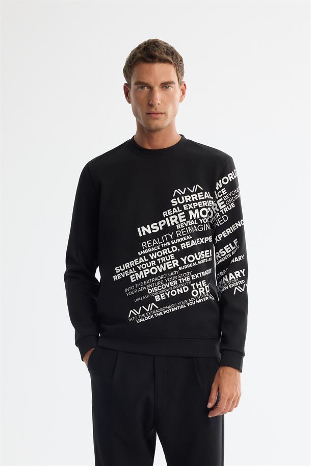 Siyah Bisiklet Yaka Pamuklu Baskılı Sweatshirt