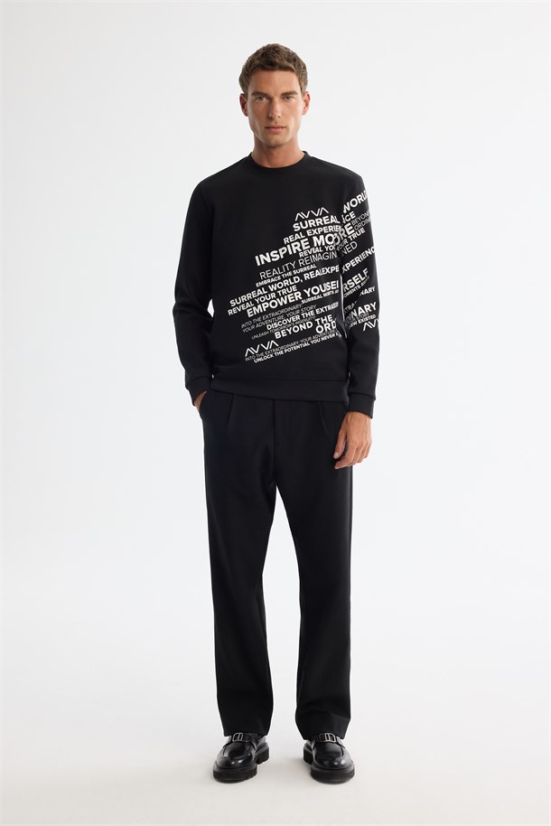 Siyah Bisiklet Yaka Pamuklu Baskılı Sweatshirt