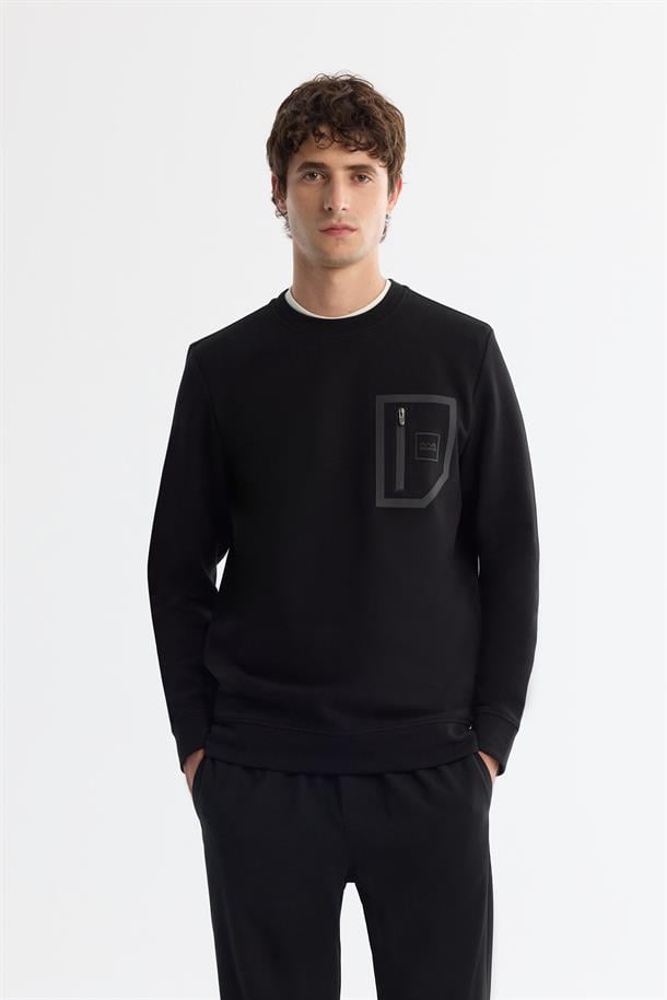 Siyah Bisiklet Yaka Pamuklu Baskılı Elastan Sweatshirt