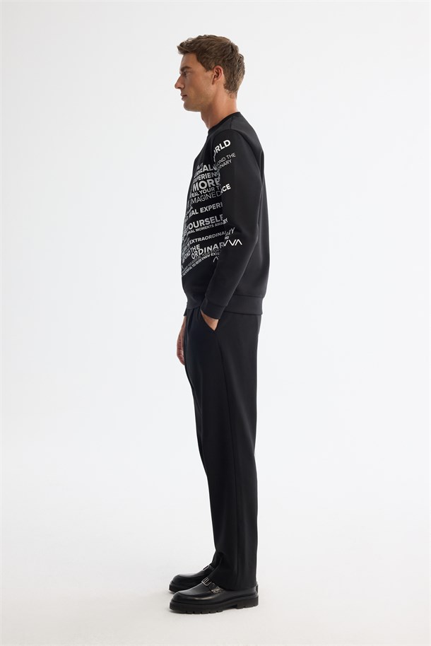 Siyah Bisiklet Yaka Pamuklu Baskılı Sweatshirt