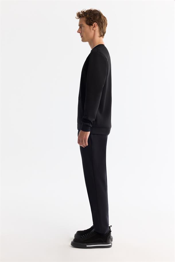 Siyah Bisiklet Yaka Pamuklu Baskılı Elastan Sweatshirt