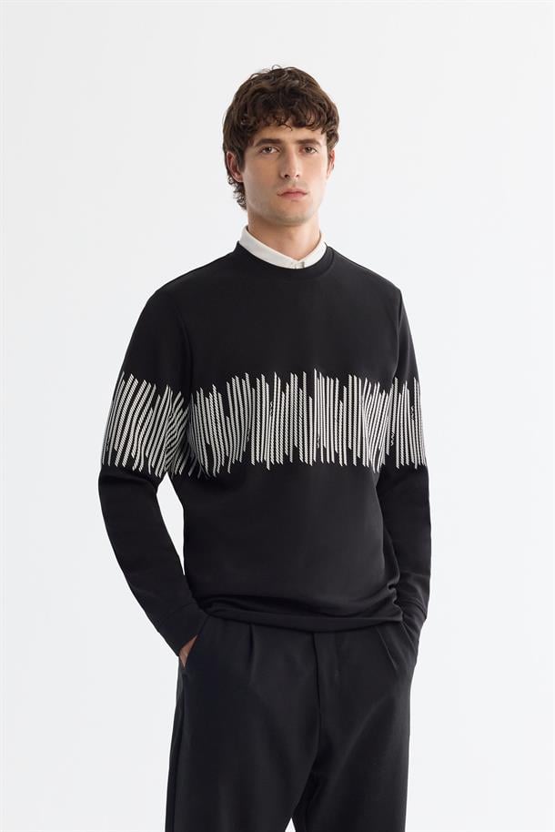 Siyah Bisiklet Yaka Pamuklu Çizgili Sweatshirt