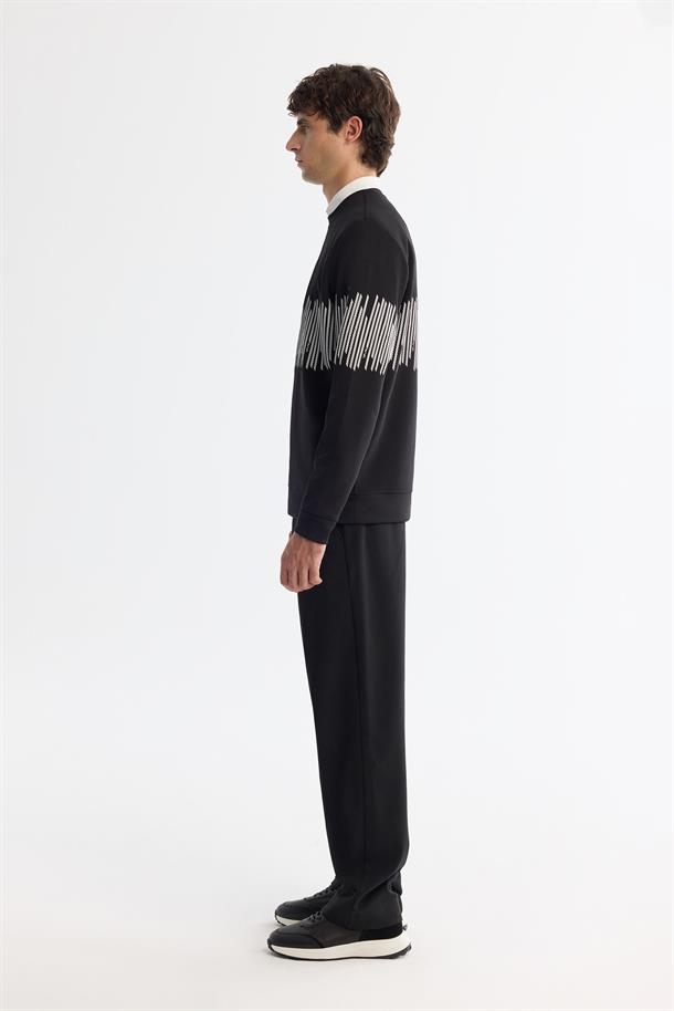 Siyah Bisiklet Yaka Pamuklu Çizgili Sweatshirt