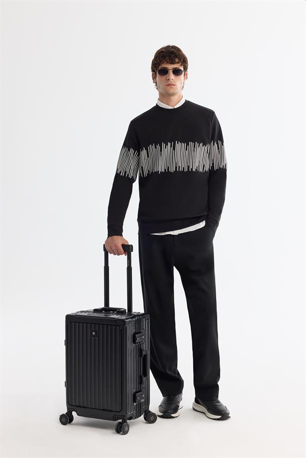 Siyah Bisiklet Yaka Pamuklu Çizgili Sweatshirt