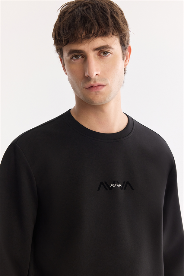 Siyah Bisiklet Yaka Pamuklu Kolay Ütülenen Sweatshirt