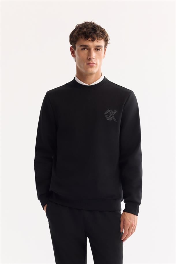 Siyah Bisiklet Yaka Kolay Ütülenen Bi-Stretch Basic Sweatshirt