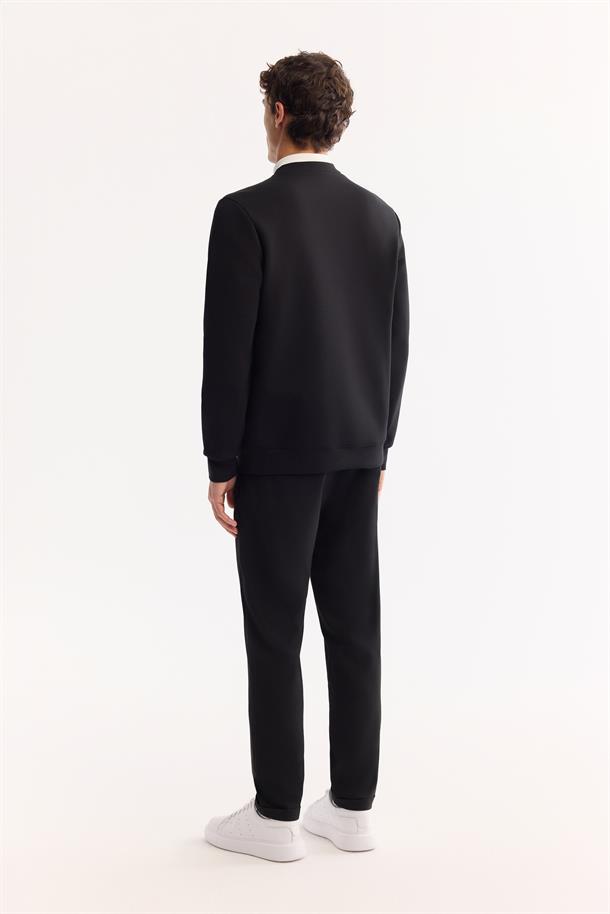 Siyah Bisiklet Yaka Kolay Ütülenen Bi-Stretch Basic Sweatshirt