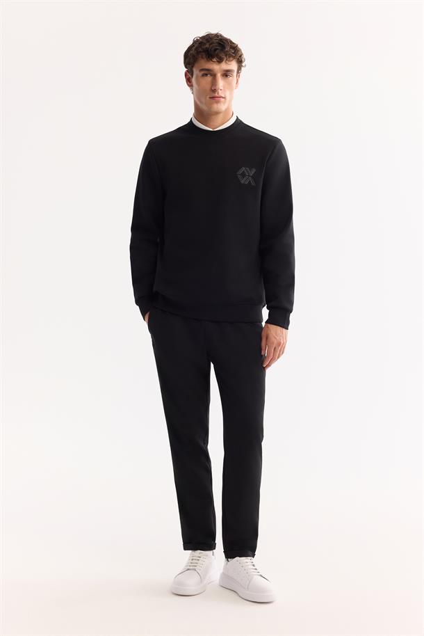 Siyah Bisiklet Yaka Kolay Ütülenen Bi-Stretch Basic Sweatshirt