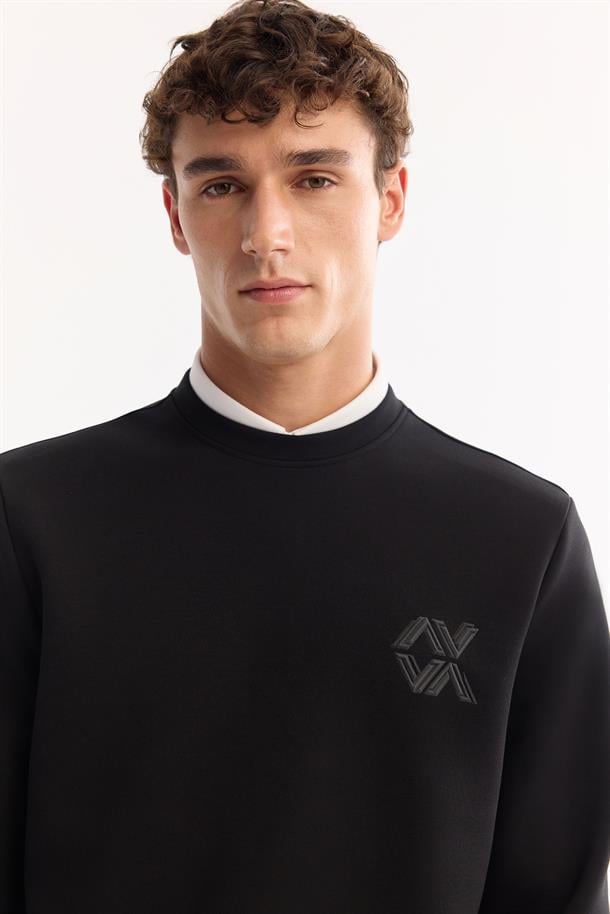 Siyah Bisiklet Yaka Kolay Ütülenen Bi-Stretch Basic Sweatshirt