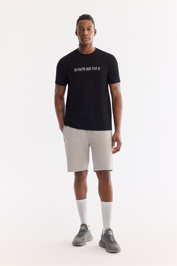 Siyah Bisiklet Yaka Baskılı İnterlok T-Shirt