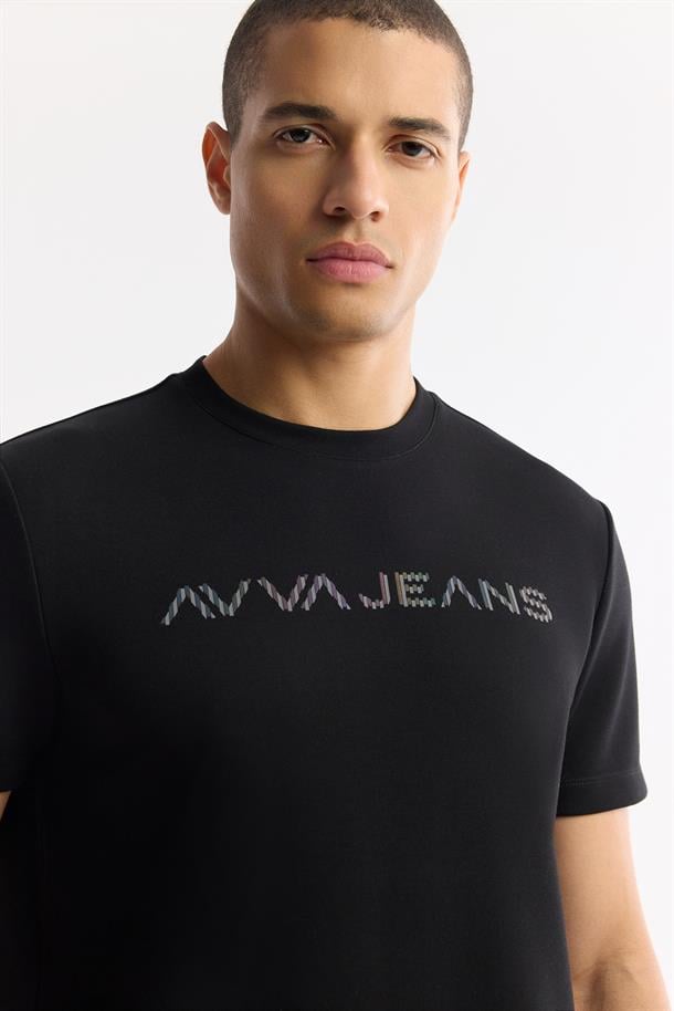 Siyah Bisiklet Yaka Reflektörlü Bi-Stretch İnterlok T-Shirt