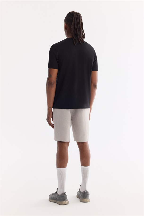 Siyah Bisiklet Yaka Baskılı İnterlok T-Shirt