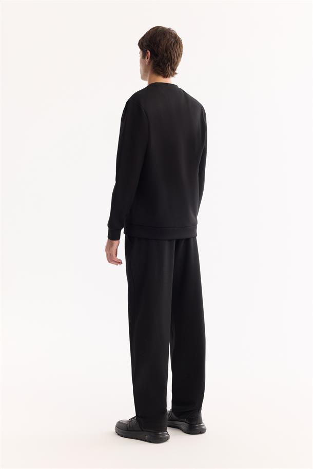 Siyah Bisiklet Yaka Kolay Ütülenen Bi-Stretch Baskılı Sweatshirt