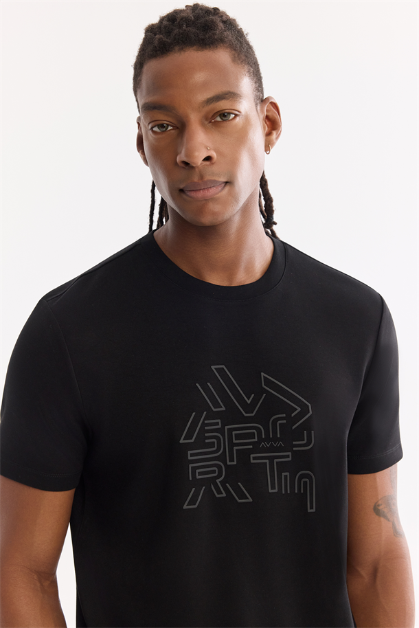 Siyah Bisiklet Yaka Elastan İnterlok T-Shirt