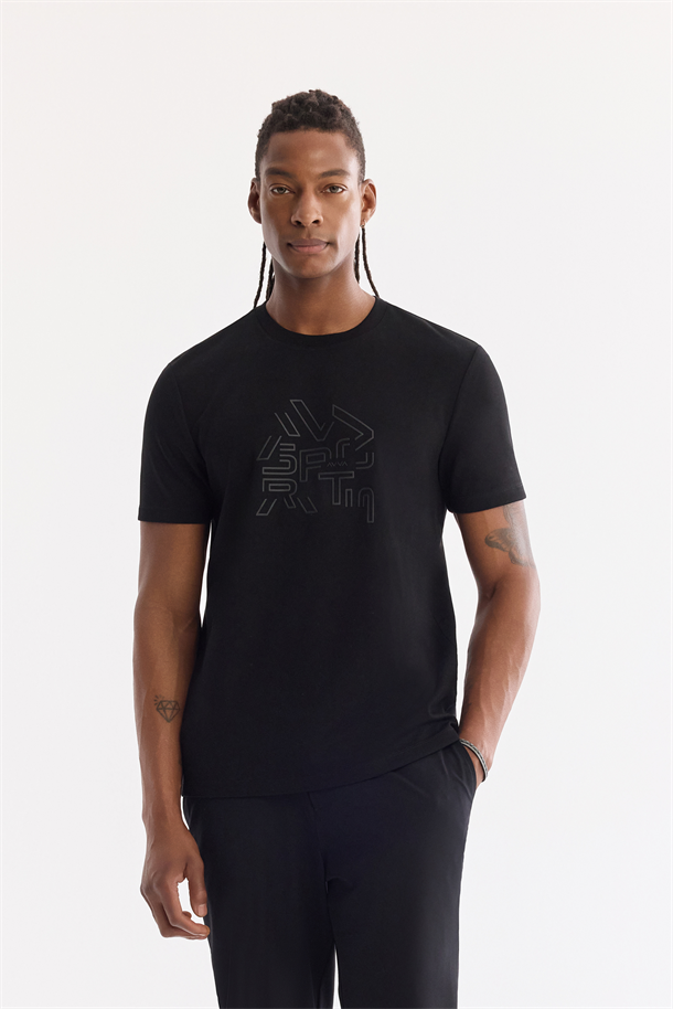 Siyah Bisiklet Yaka Elastan İnterlok T-Shirt
