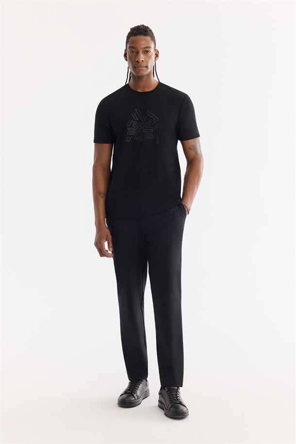 Siyah Bisiklet Yaka Elastan İnterlok T-Shirt