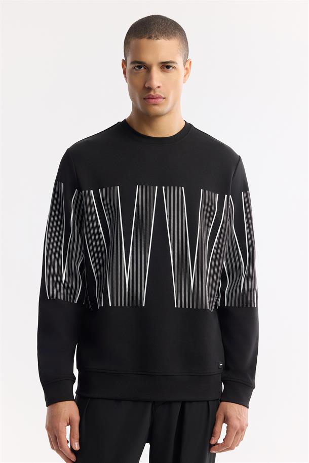 Siyah Bisiklet Yaka Baskılı Bi-Stretch İnterlok Sweatshirt