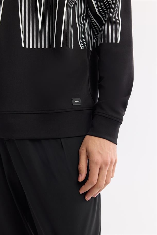 Siyah Bisiklet Yaka Baskılı Bi-Stretch İnterlok Sweatshirt