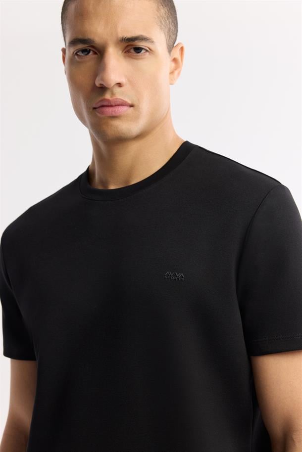 Siyah Bisiklet Yaka Bi-Stretch Baskılı T-Shirt