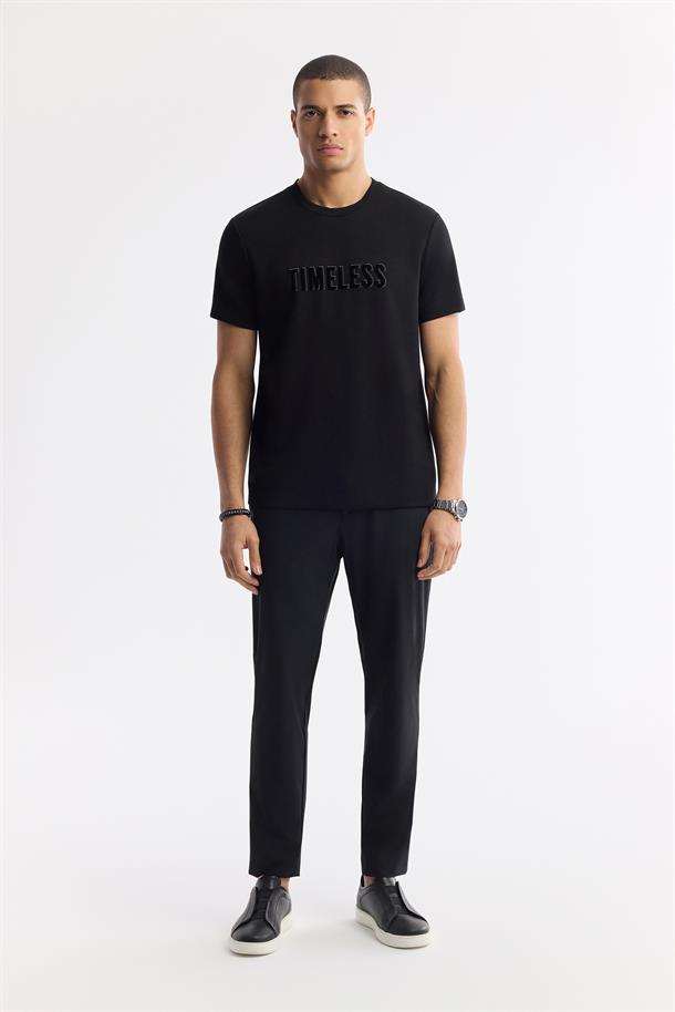 Siyah Bisiklet Yaka Baskılı Bi-Stretch İnterlok T-Shirt