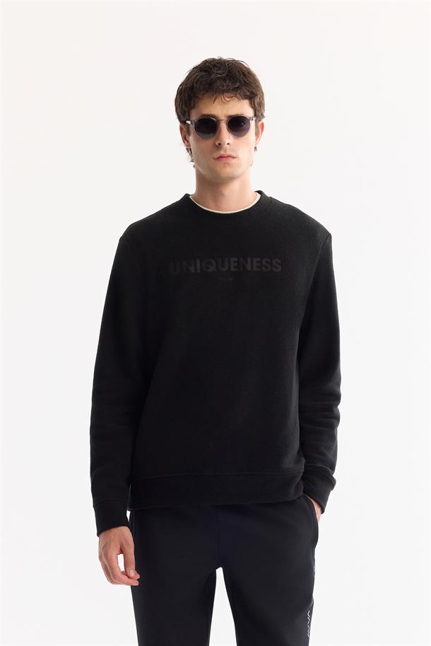 Siyah Bisiklet Yaka Soft Touch Baskılı Polar Sweatshirt