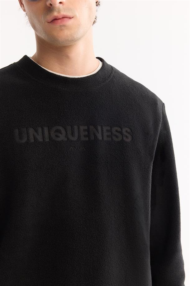 Siyah Bisiklet Yaka Soft Touch Baskılı Polar Sweatshirt