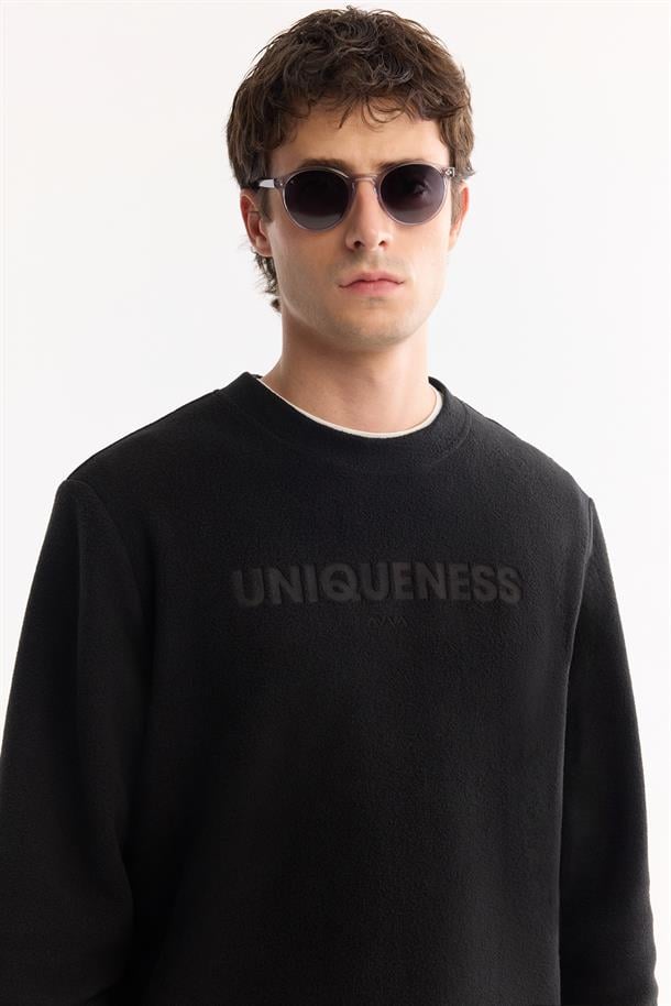 Siyah Bisiklet Yaka Soft Touch Baskılı Polar Sweatshirt