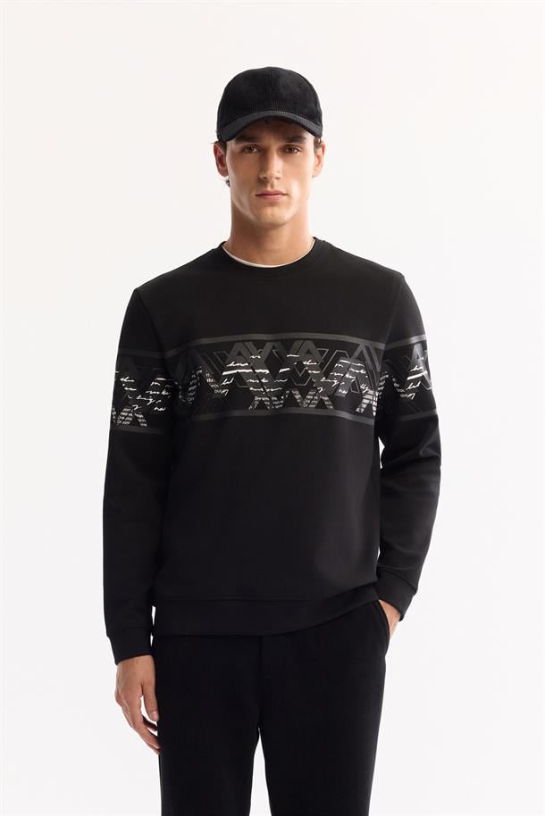 Siyah Bisiklet Yaka Kolay Ütülenen Bi-Stretch Baskılı Sweatshirt