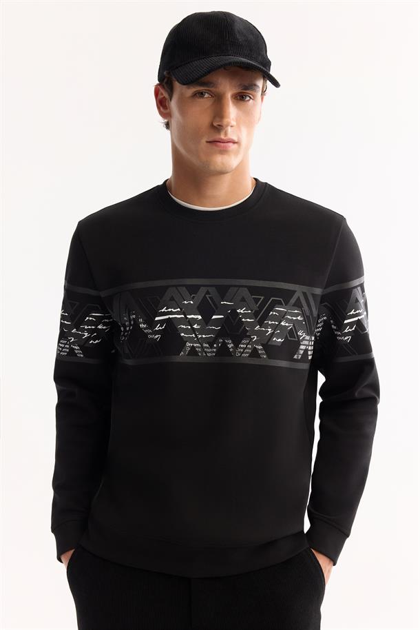 Siyah Bisiklet Yaka Kolay Ütülenen Bi-Stretch Baskılı Sweatshirt