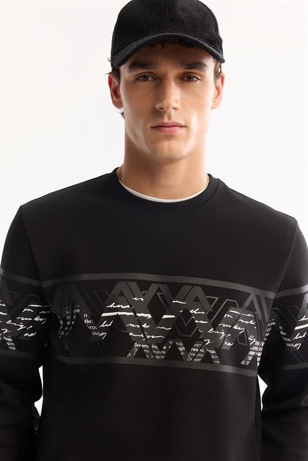 Siyah Bisiklet Yaka Kolay Ütülenen Bi-Stretch Baskılı Sweatshirt