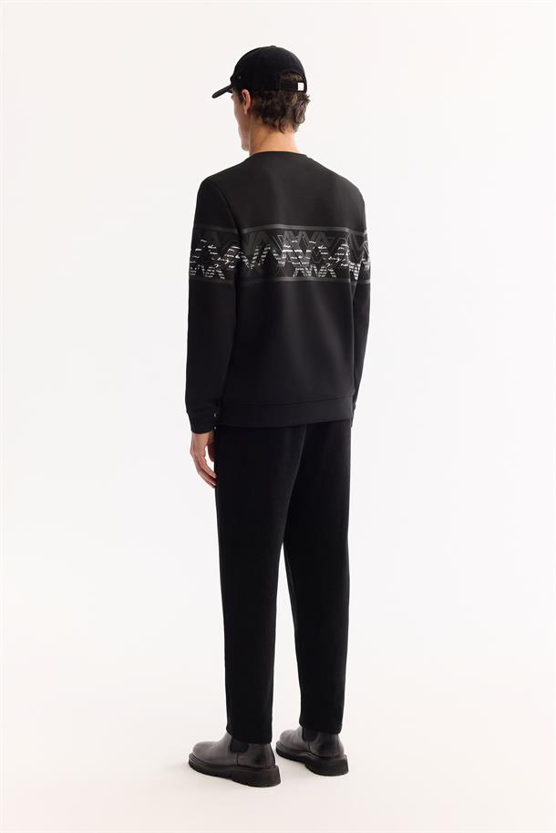 Siyah Bisiklet Yaka Kolay Ütülenen Bi-Stretch Baskılı Sweatshirt