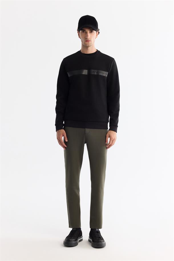 SiyahBisiklet Yaka Pamuklu Baskılı Elastan Sweatshirt