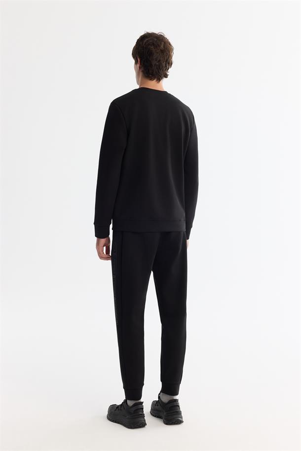 Siyah Bisiklet Yaka Pamuklu Baskılı Elastan Sweatshirt