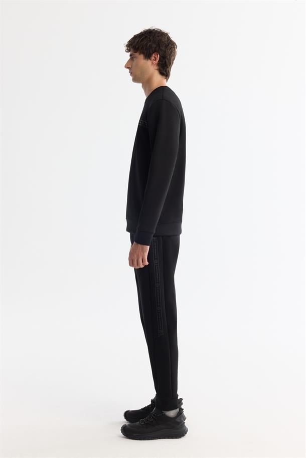 Siyah Bisiklet Yaka Pamuklu Baskılı Elastan Sweatshirt