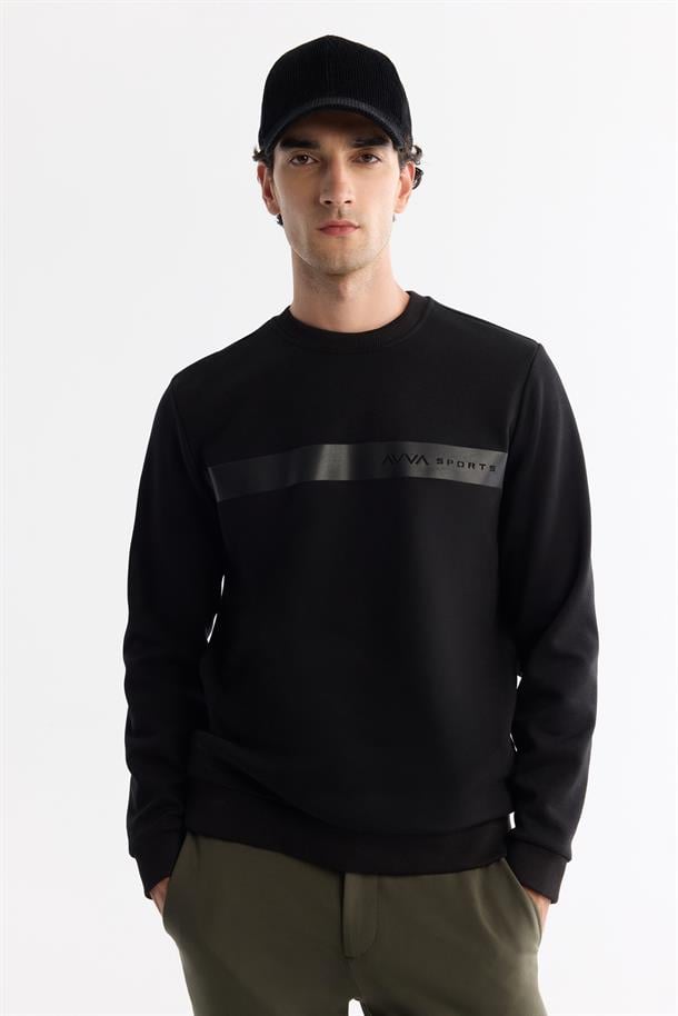 SiyahBisiklet Yaka Pamuklu Baskılı Elastan Sweatshirt