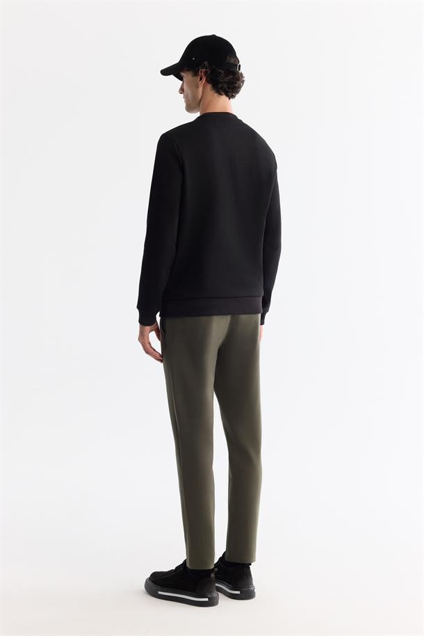 SiyahBisiklet Yaka Pamuklu Baskılı Elastan Sweatshirt