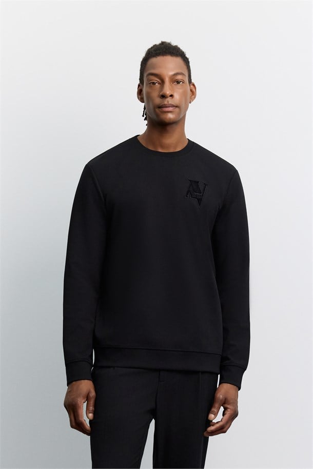 Siyah Bisiklet Yaka Baskılı Pamuklu Sweatshirt