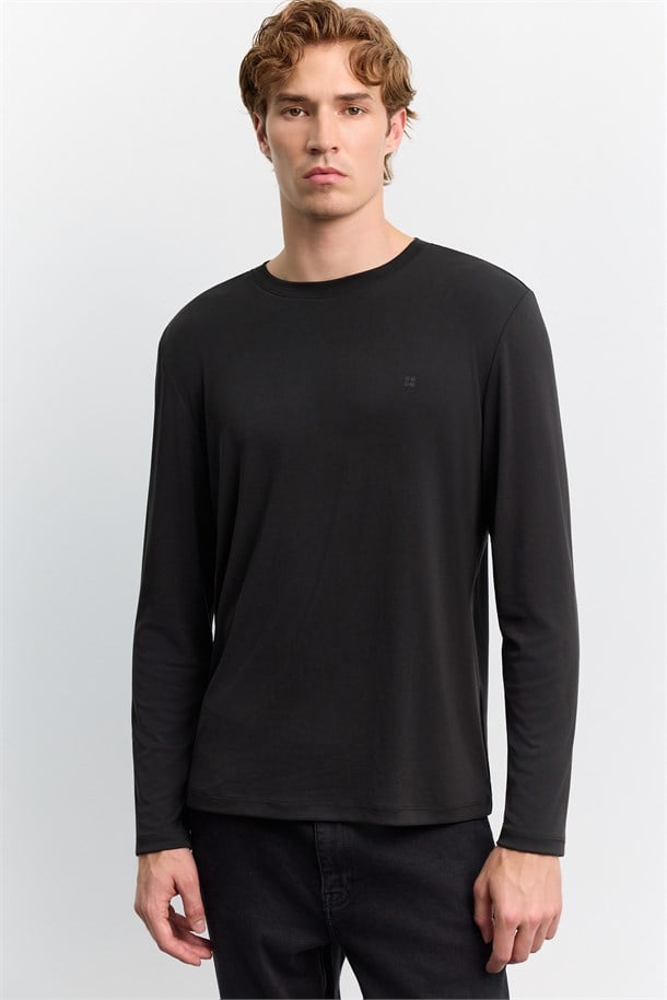 Siyah Bisiklet Yaka Uzun Kol Basic Modal T-Shirt