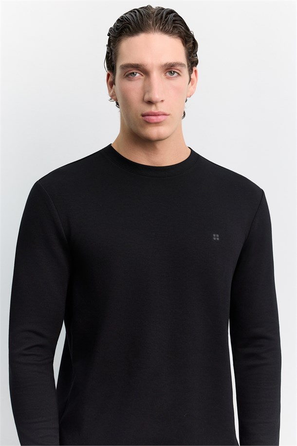 Siyah Bisiklet Yaka Viskon Karışımlı Bi-Stretch Basic Sweatshirt